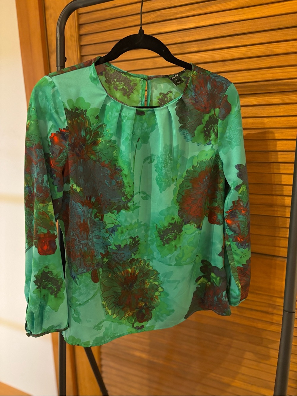 J. Crew Sheer Floral Long-Sleeve Blouse in Emerald & Red Accents
